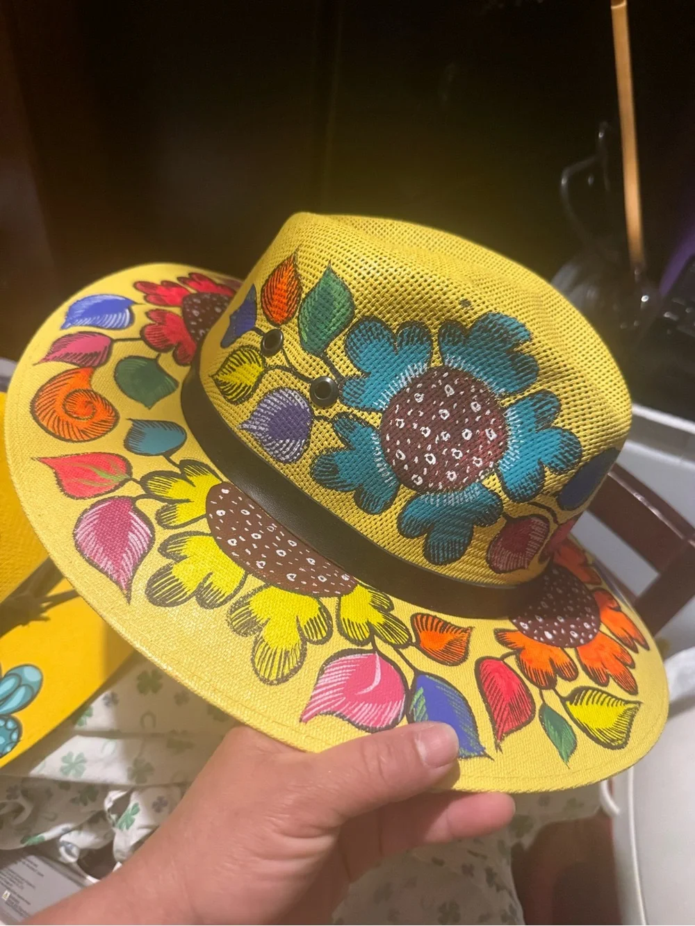 Kids Yellow Sunflower Print Straw Hat with Black Band